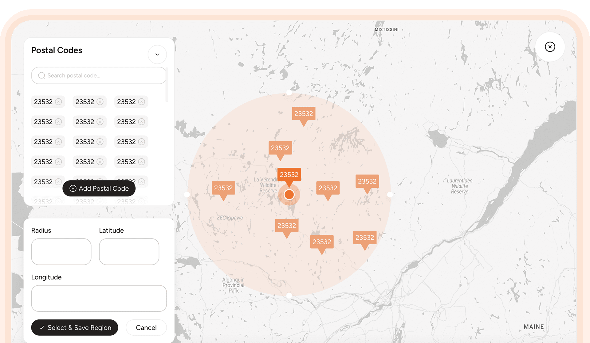 Add postal codes, radius, latitude and langitude to set up shipping zones